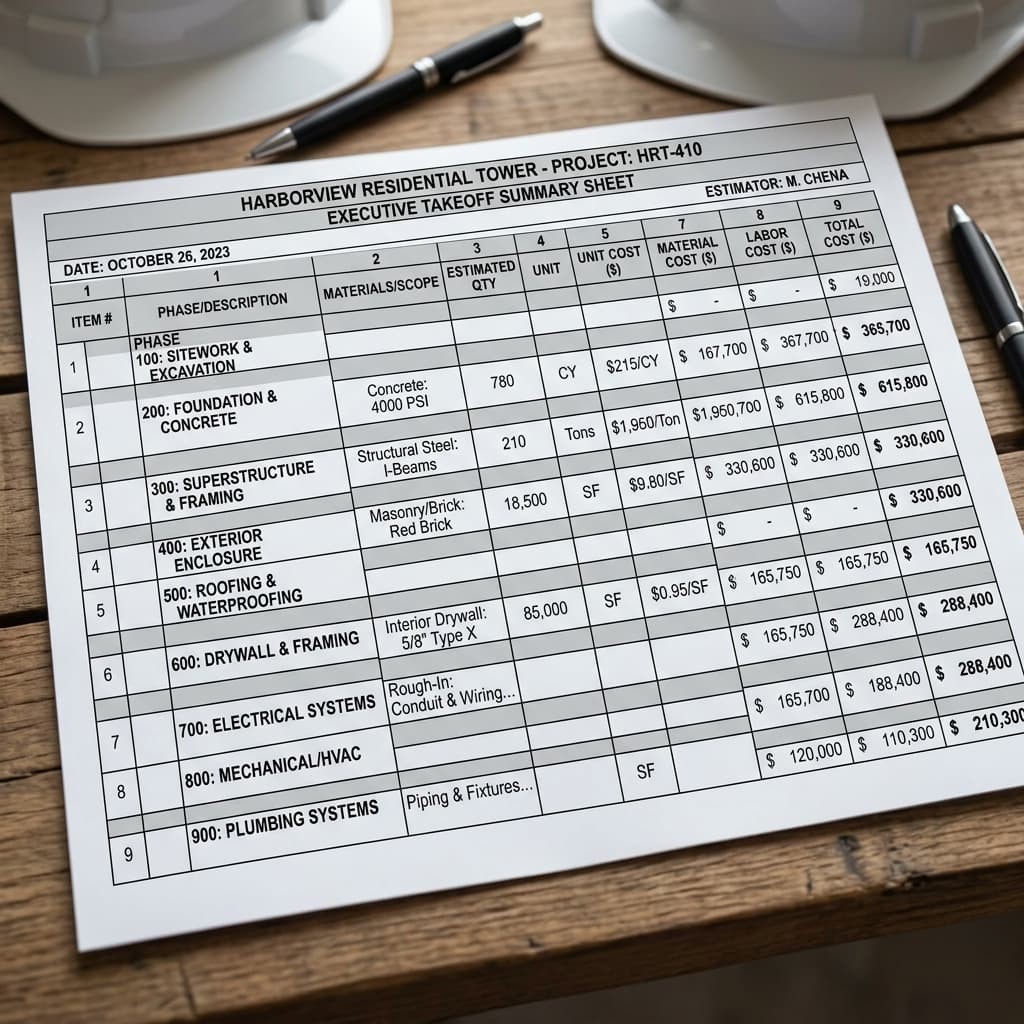 Executive Takeoff Summary Sheet